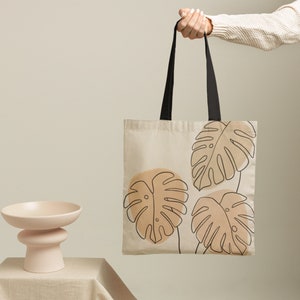 Plant Reusable Tote Bag, Grocery Shopping Market Tote, Plant Mom, Monstera, Eco Friendly, Neutrals Mod Bag, Gift Under 25, Minimalist Bag