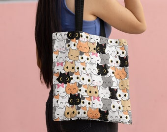 Anime Cat Tote Bag Reusable Tote Bag Grocery Shopping Market Tote Cat Mom Aesthetic Everyday Bag Gift for Cat Mama Cat Lover Enthusiasts
