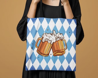 Oktoberfest Tote Bag Blue Argyle Cute Beer Bag Reusable Grocery Market Bring the Beer Party Bag Germany Beer Lover Gift Deutsch Aesthetic
