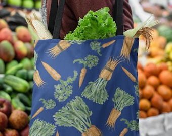 Carrot Farmers Market Tote Bag for Eco Friendly Living Whimsical Veggie Lovers Dream Accessory Grocery Bag Eat Your Veggies Cute Blue Bag