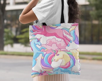 女の子向けのカラフルなユニコーンの再利用可能なトートバッグ