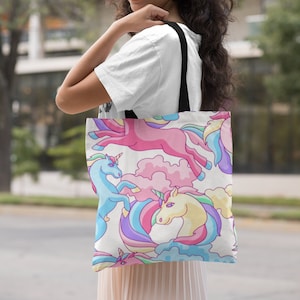 Colorful Unicorn Reusable Tote Bag for Girls, Unicorn Birthday Party Supplies, School Book Bag, Kids&#39; Travel Tote, Rainbow Unicorn Theme