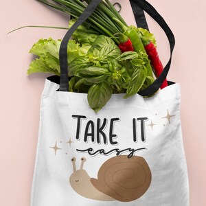 Take It Easy Kawaii Snail Tote Bag Reusable Grocery Market Shopping Bag Anime Aesthetic Cute Kawaii Animal YOLO Keep Calm Good Vibes