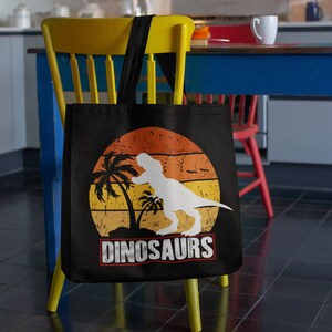 Dinosaur Rex Sunset Tote Bag Fun Fierce Dino Themed Carryall for Kids Prehistoric Style and Adventure Dinosaur Lovers Gift Cool Library Bag