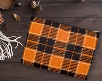 Orange and Black Plaid Accessory Pouch Pencil Case Cosmetic Travel Bag, Makeup Beauty Bag Thanksgiving Halloween Buffalo Plaid 90s Aesthetic