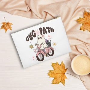 Lustige Halloween Accessoire Tasche Retro Geist auf Fahrrad Make-up Schönheit Kosmetiktasche oder Federmäppchen Spooky Aesthetic Pouch Cycopath Radfahrer Geschenk