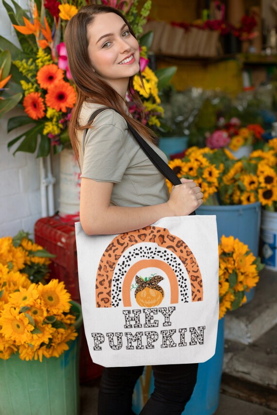 Orange Rainbow Pumpkin Tote Bag, Hey Pumpkin, Cheetah Print, Fall Trends, Halloween, Thanksgiving, Reusable Grocery Bag, Trick or Treat Bag
