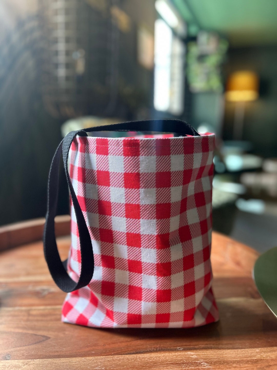 Plaid Reusable Tote Bag Red and White Picnic Bag Buffalo Plaid