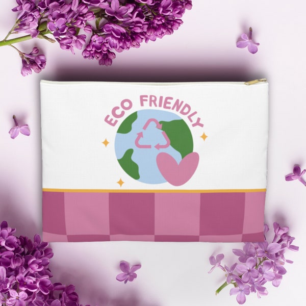 Eco Friendly Accessory Bag Save The Planet Cute Makeup Cosmetic Bag or Pencil Case Pink Plaid Earth Conscious Sustainable Fashion Essentials