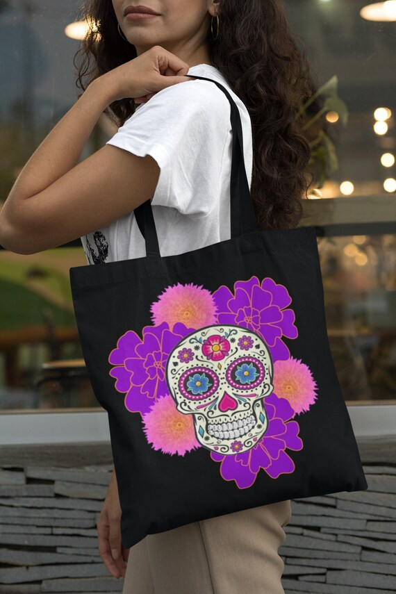 Day of the Dead Skull Tote Bag, Flowers, RIP, Día De Los Muertos