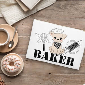 May include: White zippered pouch with a cartoon dog wearing a chef's hat and a black and white checkered bandana. The dog is holding a rolling pin and a whisk. The text "BAKER" is printed in black letters.