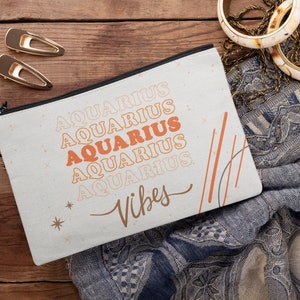 Pochette minimaliste Aquarius Vibes Zodiac, sac cosmétique de voyage, trousse de maquillage mignon, trousse de beauté, esthétique hibou minimaliste, cadeau d'anniversaire