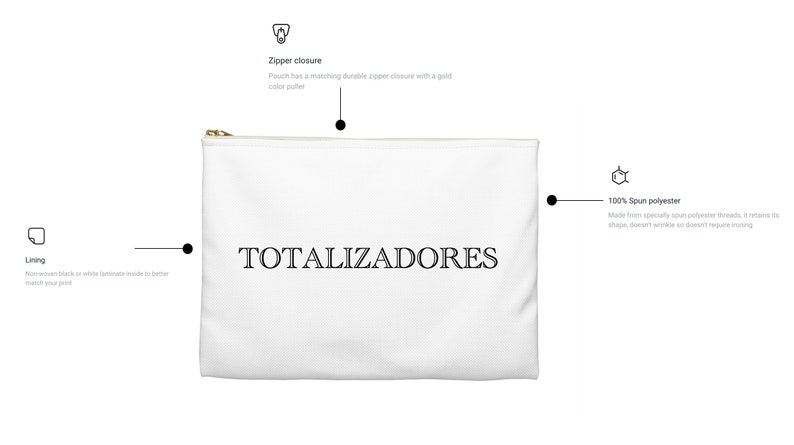 Pode incluir: Bolsa branca com z&iacute;per com puxador dourado e o texto "TOTALIZADORES" impresso em preto.