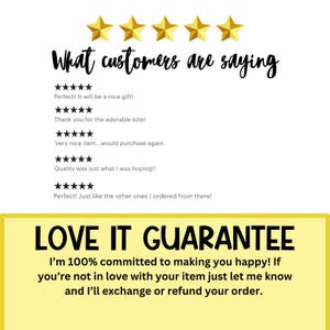 May include: A yellow and white graphic with the text "What customers are saying" and five gold stars. Below the text are five customer reviews with five gold stars each. The reviews are positive and include phrases like "Perfect! It will be a nice gift!" and "Quality was just what I was hoping!!". The graphic also includes the text "LOVE IT GUARANTEE" and the message "I'm 100% committed to making you happy! If you're not in love with your item just let me know and I'll exchange or refund your order."