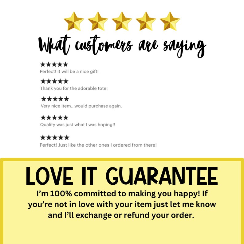 May include: A yellow and white graphic with the text "What customers are saying" and five gold stars. Below the text are five customer reviews with five gold stars each. The reviews are positive and include phrases like "Perfect! It will be a nice gift!" and "Quality was just what I was hoping!!". The graphic also includes the text "LOVE IT GUARANTEE" and the message "I'm 100% committed to making you happy! If you're not in love with your item just let me know and I'll exchange or refund your order."