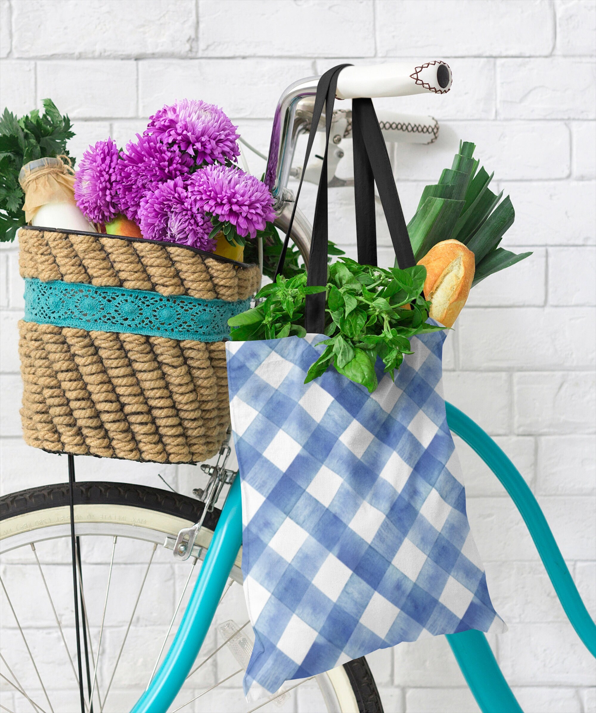 Blaue karierte Einkaufstasche Markt Einkaufstasche Wiederverwendbare Einkaufstasche, Buffalo Plaid Bag, Karierter Druck, Korbgeflecht, umweltfreundlich, Geschenk unter 25, Büchertasche