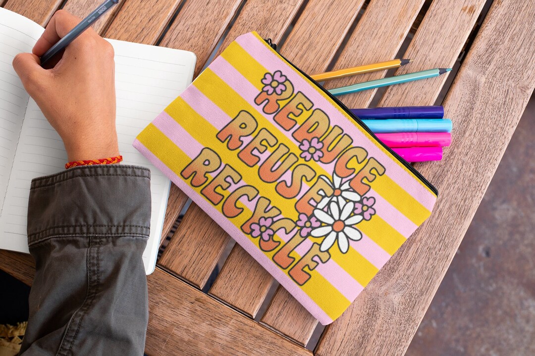 Groovy Reduce, Reuse, Recycle Accessory Pouch, Pink and Yellow Striped ...