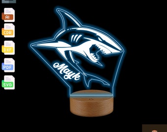Personalized shark night light desk lamp 3D led light, Files DXF,CDR,Pdf,SVG for laser, cnc, vector files, vector cutting , Gift for kids