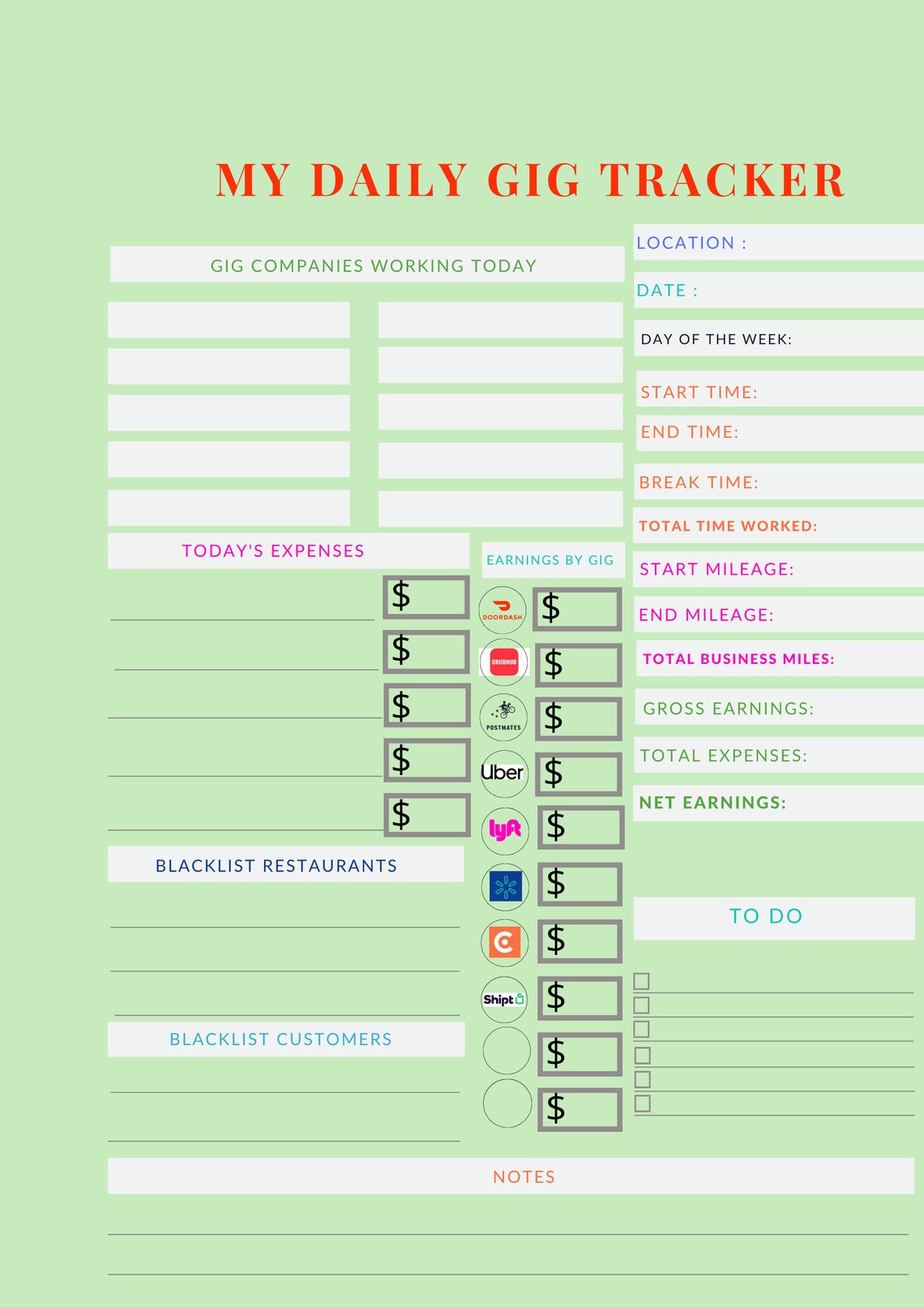 DOORDASH PRINTABLE TRACKER Gig Planner Instant Download Digital Grubhub ...