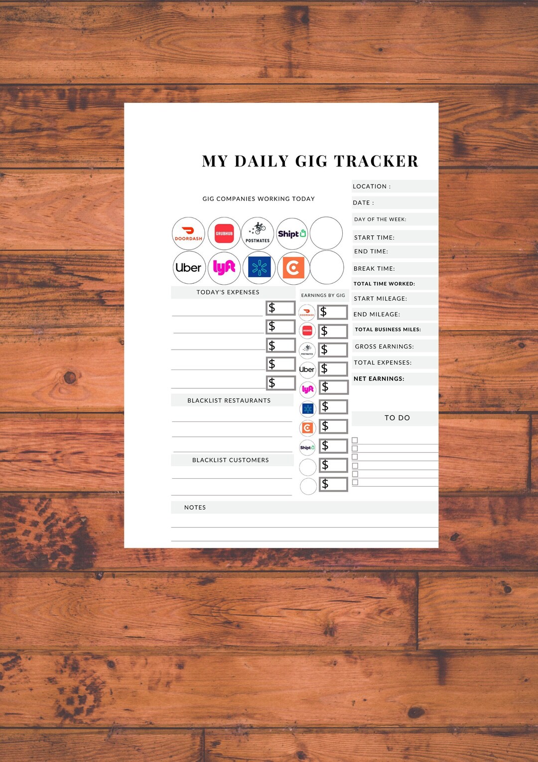 DOORDASH PRINTABLE TRACKER Gig Planner Instant Download Digital Grubhub ...