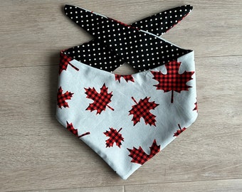 Canadian Maple Leaf Pet Bandana, Dog or Cat Scarf, Reversible Black and White Polka Dots (snap buttons optional)