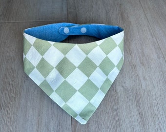 Checkered green and white, denim, Reversible Pet Bandana, Cat or Dog, Multiple Sizes (snap buttons optional)