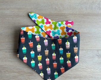 Bubble tea, boba,rainbow bones , Reversible Pet Bandana, Cat or Dog, Multiple Sizes (snap buttons optional)