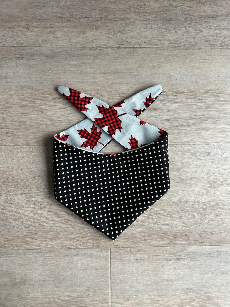 Canadian Maple Leaf Pet Bandana, Dog or Cat Scarf, Reversible Polka Dots snap buttons optional image 2