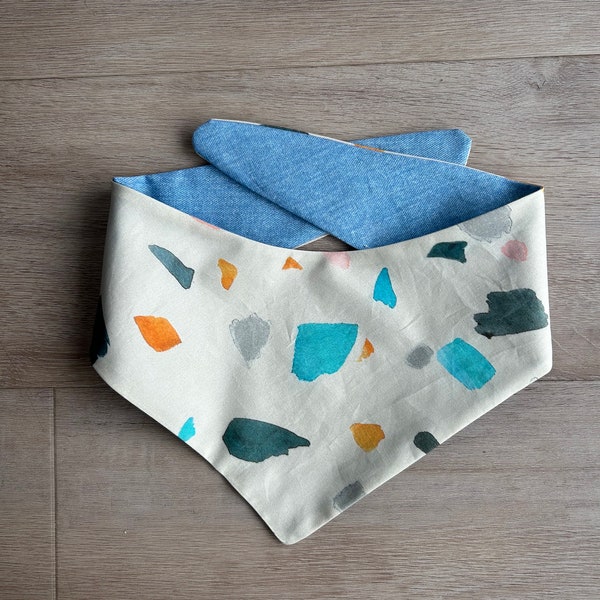 Terrazzo colourful, light denim, Reversible Pet Bandana, Cat or Dog, Multiple Sizes (snap buttons optional)