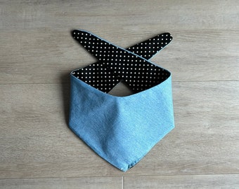 Denim Pet Bandana, Dog or Cat Scarf, Reversible, Black and White Polka Dots (snap buttons optional)