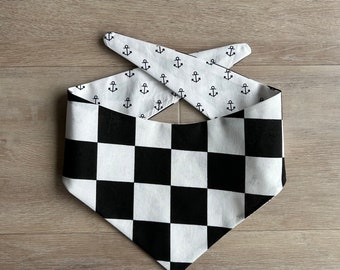 Black and White Checkers, Anchors, Reversible Pet Bandana, Cat or Dog, Multiple Sizes (snap buttons optional)