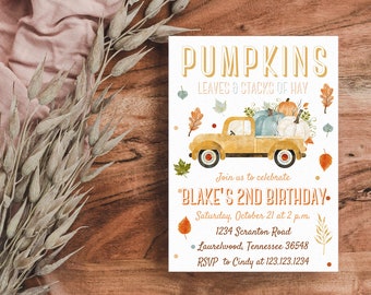 Fall Birthday Invitation, Fall Birthday Invite, Fall Birthday Party, Fall Birthday Party Invitation, Pumpkins Leaves and Stacks of Hay