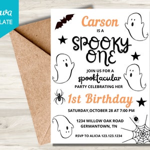 May include: A white and black Halloween-themed first birthday party invitation with a ghost, spider, and stars. The invitation reads "Carson is a Spooky One" and "Join us for a Spooktacular 1st Birthday".
