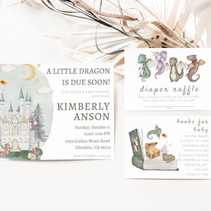 Dragon Baby Shower Invitation, Boy Baby Shower Invitation, Baby Dragon Invitation, Dragon Theme Baby Shower, Diaper Raffle, Books for Baby