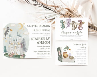 Dragon baby shower uitnodiging, jongen baby shower uitnodiging, baby Dragon uitnodiging, Dragon thema baby shower, luier loterij, boeken voor baby