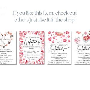 May include: Four printable invitations for a Galentine's Day party. Each invitation features a different watercolor design with hearts, flowers, and other romantic elements. The text on the invitations reads "Join us to celebrate Galentine's Day" and includes the date, time, location, and RSVP information.