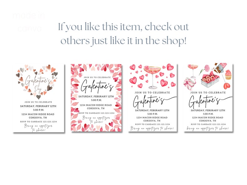 May include: Four printable invitations for a Galentine's Day party. Each invitation features a different watercolor design with hearts, flowers, and other romantic elements. The text on the invitations reads "Join us to celebrate Galentine's Day" and includes the date, time, location, and RSVP information.