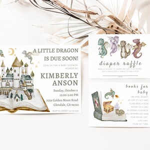 Dragon Baby Shower Invitation, Boy Baby Shower Invitation, Baby Dragon Invitation, Dragon Theme Baby Shower, Diaper Raffle, Books for Baby
