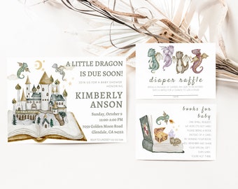 Dragon baby shower uitnodiging, jongen baby shower uitnodiging, baby Dragon uitnodiging, Dragon thema baby shower, luier loterij, boeken voor baby