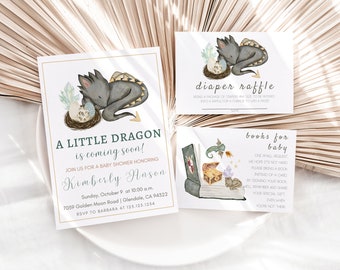 Dragon baby shower uitnodiging, jongen baby shower uitnodiging, baby Dragon uitnodiging, Dragon thema baby shower, luier loterij, boeken voor baby