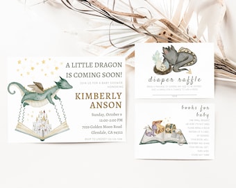 Dragon baby shower uitnodiging, jongen baby shower uitnodiging, baby Dragon uitnodiging, Dragon thema baby shower, luier loterij, boeken voor baby