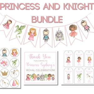 Paquete de fiesta de princesa y caballero, pancarta, adornos para cupcakes, tarjeta de agradecimiento, etiquetas de regalo, invitación de princesa no incluida