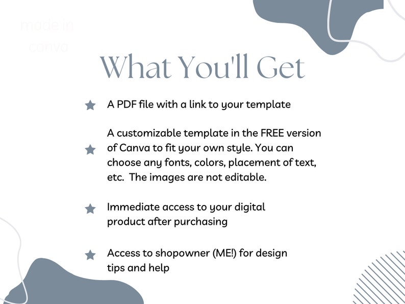 May include: A white background with a blue graphic design. The text "What You'll Get" is in a large font. The text below lists the benefits of purchasing a digital product, including a PDF file, a customizable Canva template, immediate access, and access to the shop owner for design tips and help.