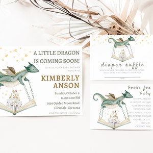 Dragon baby shower uitnodiging, jongen baby shower uitnodiging, baby Dragon uitnodiging, Dragon thema baby shower, luier loterij, boeken voor baby