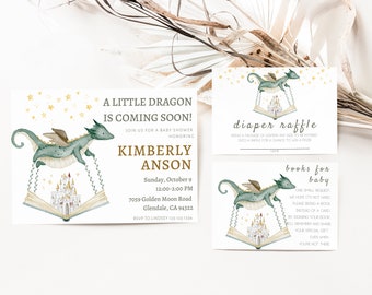 Dragon baby shower uitnodiging, jongen baby shower uitnodiging, baby Dragon uitnodiging, Dragon thema baby shower, luier loterij, boeken voor baby