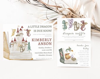 Dragon baby shower uitnodiging, jongen baby shower uitnodiging, baby Dragon uitnodiging, Dragon thema baby shower, luier loterij, boeken voor baby