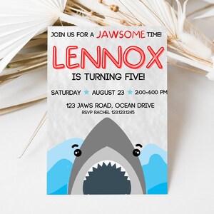 JAWSOME Birthday Invitation, Shark Invitation, Jaws theme, Baby Shark Party, Shark Birthday Party, Shark Theme Party, Beach Invite, Shark