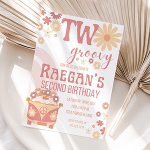 Two Groovy Invite, Groovy Invitation, Hippie Invitation, Hippie Theme, Groovy Theme, Retro Theme, Retro Invite, Second Birthday, Two