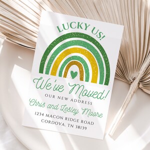 Carte de déménagement Shamrock, annonce de déménagement de trèfle, annonce de déménagement de St. Patrick, carte de déménagement de mars, nous avons déplacé la carte de vacances, carte de déménagement