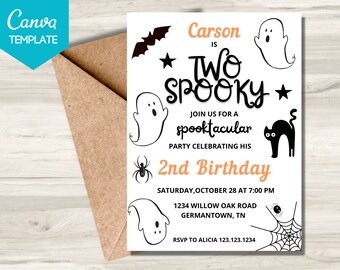 May include: A white invitation with black and orange text. The text reads "Carson is Two Spooky* Join us for a spooktacular party celebrating his 2nd Birthday. Saturday, October 28 at 7:00 PM 1234 Willow Oak Road Germantown, TN RSVP to Alicia 123.123.1234". The invitation is decorated with black and white ghost and bat illustrations.